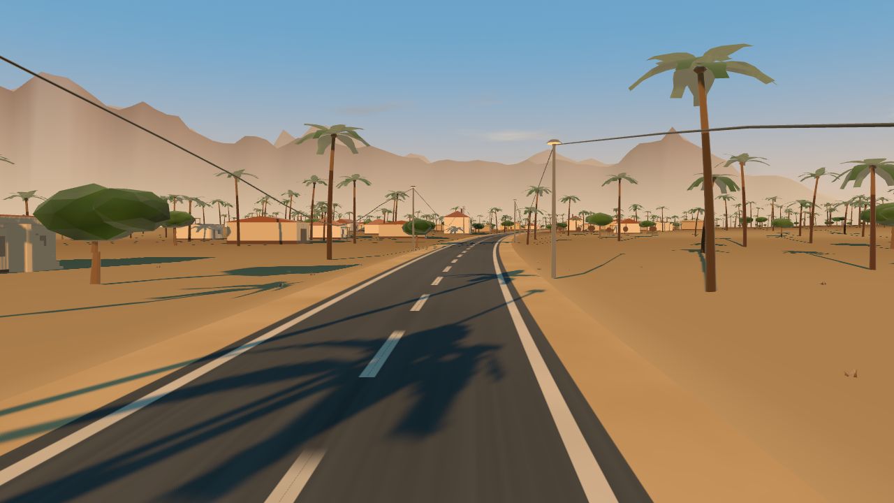 A lamplit suburban road between houses and palms on the approach to the finish
