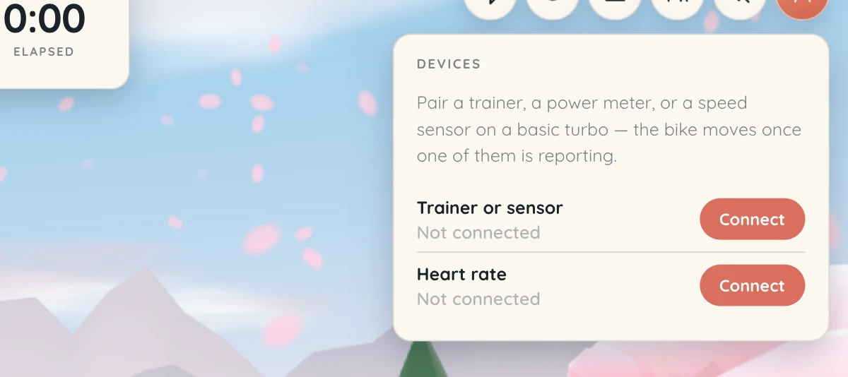 The devices panel listing power, cadence and heart rate connections