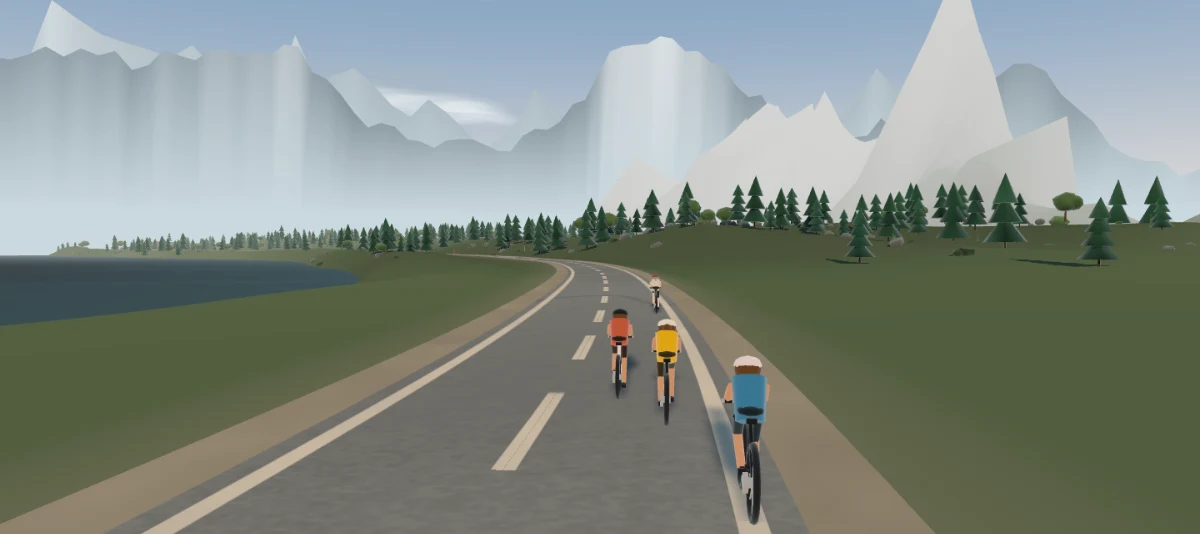 Three riders in formation on a coastal mountain road, riding together in the same world
