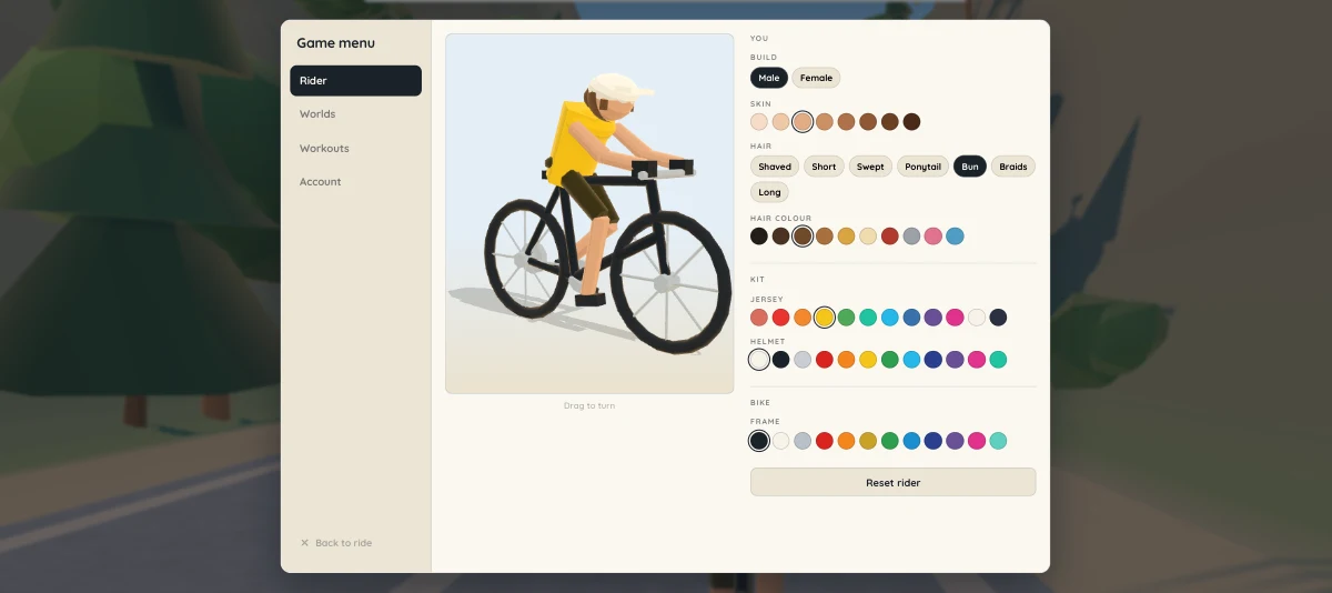 The rider panel: a live preview of the rider beside swatches for build, skin, hair, kit, helmet and frame