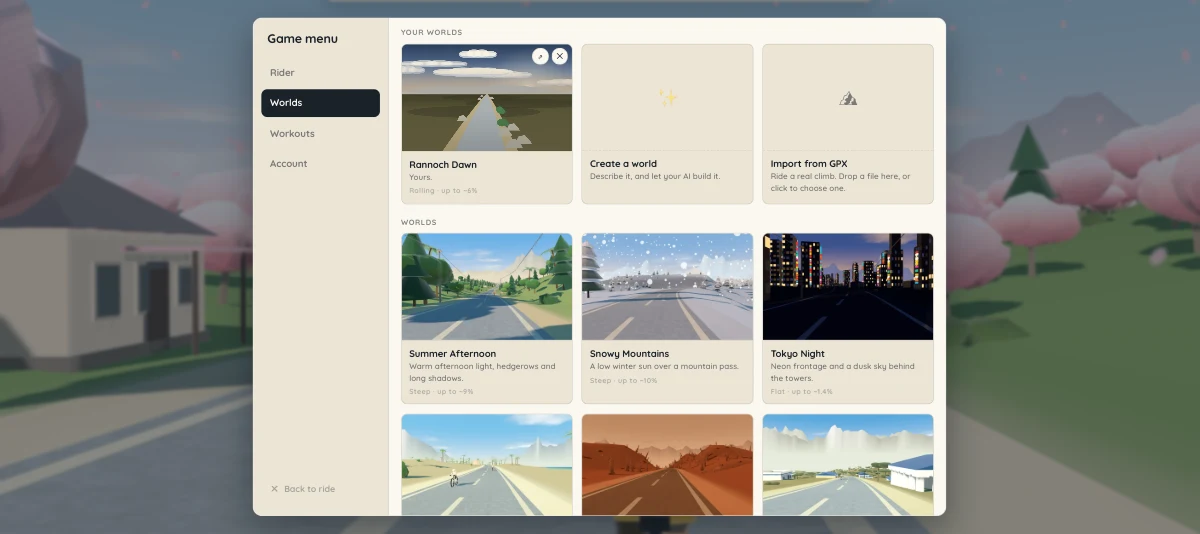 The worlds panel showing a rider-made world alongside cards for creating a world and importing a GPX file, with the built-in worlds below