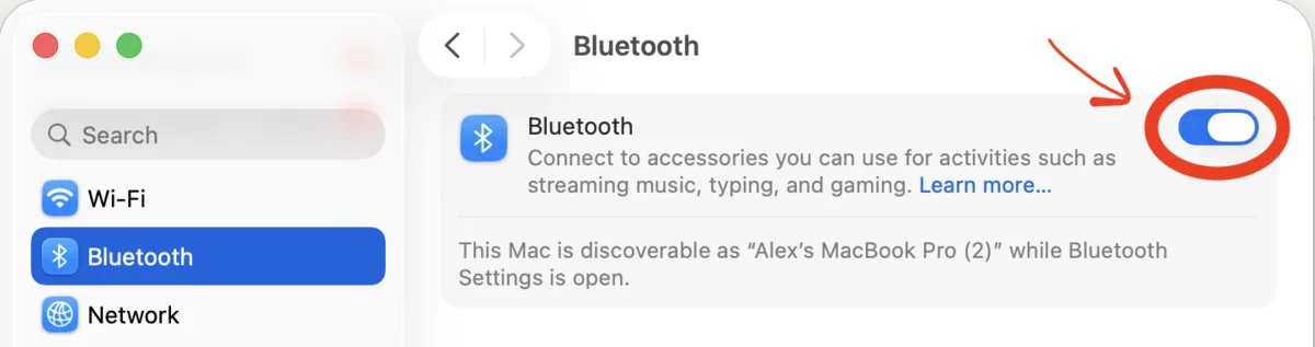 macOS System Settings showing the Bluetooth pane, with the main Bluetooth switch circled in the on position.