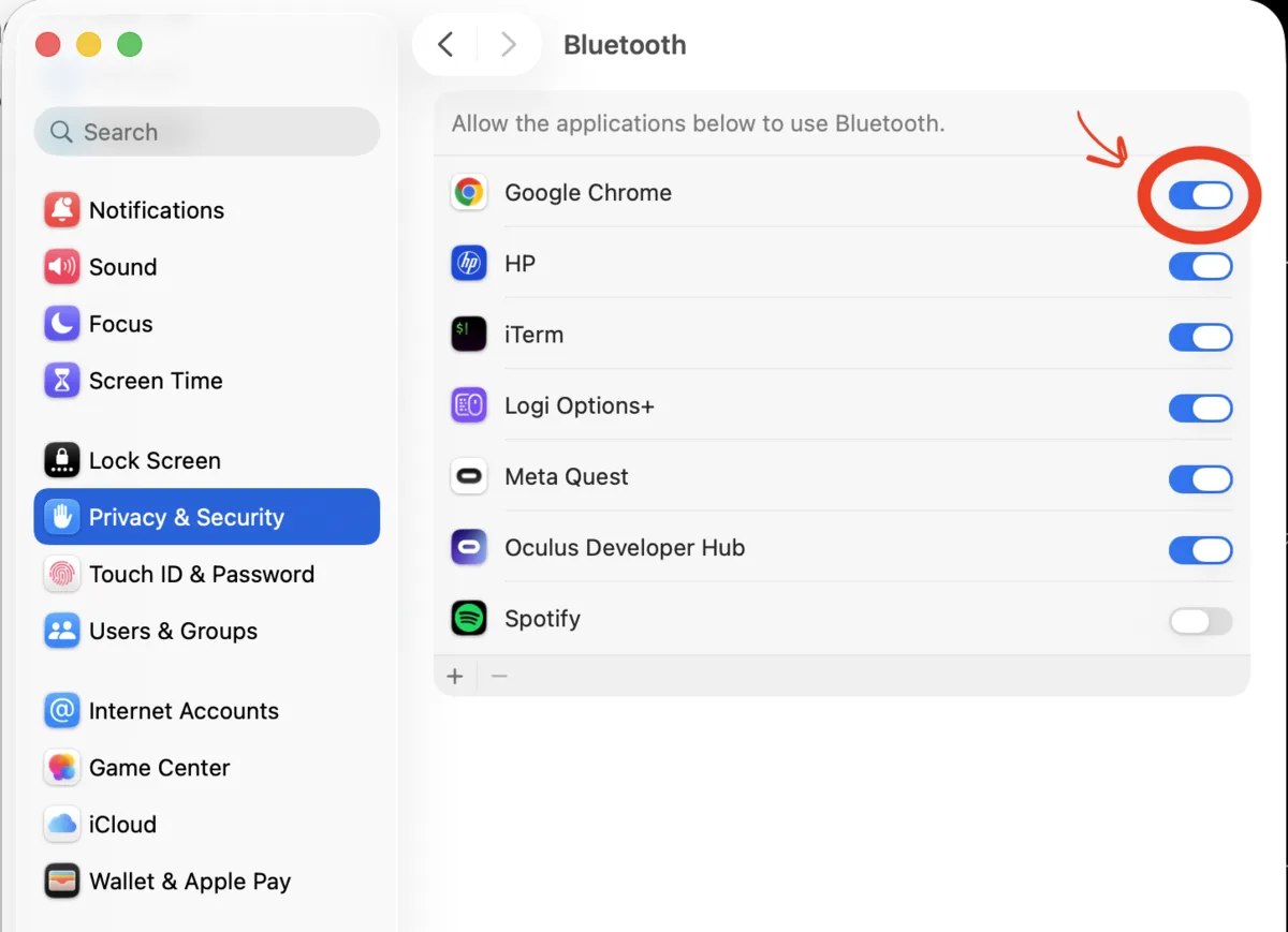 macOS System Settings, Privacy and Security, Bluetooth. A list of applications each with a switch; the switch beside Google Chrome is circled.