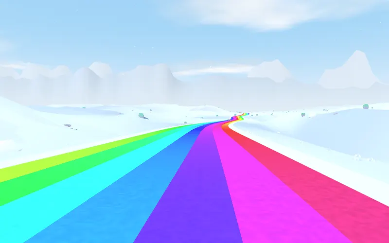 Rainbow Ride — a road of seven color arcs curving across a snowfield